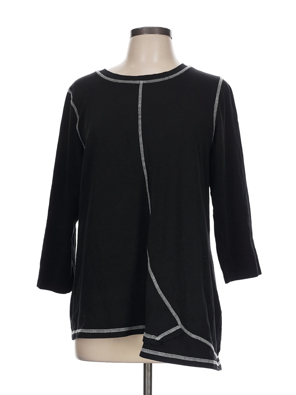 Eli Unique Asymmetrical Black Long Sleeve Stitch-Detail Women’s Top Size L